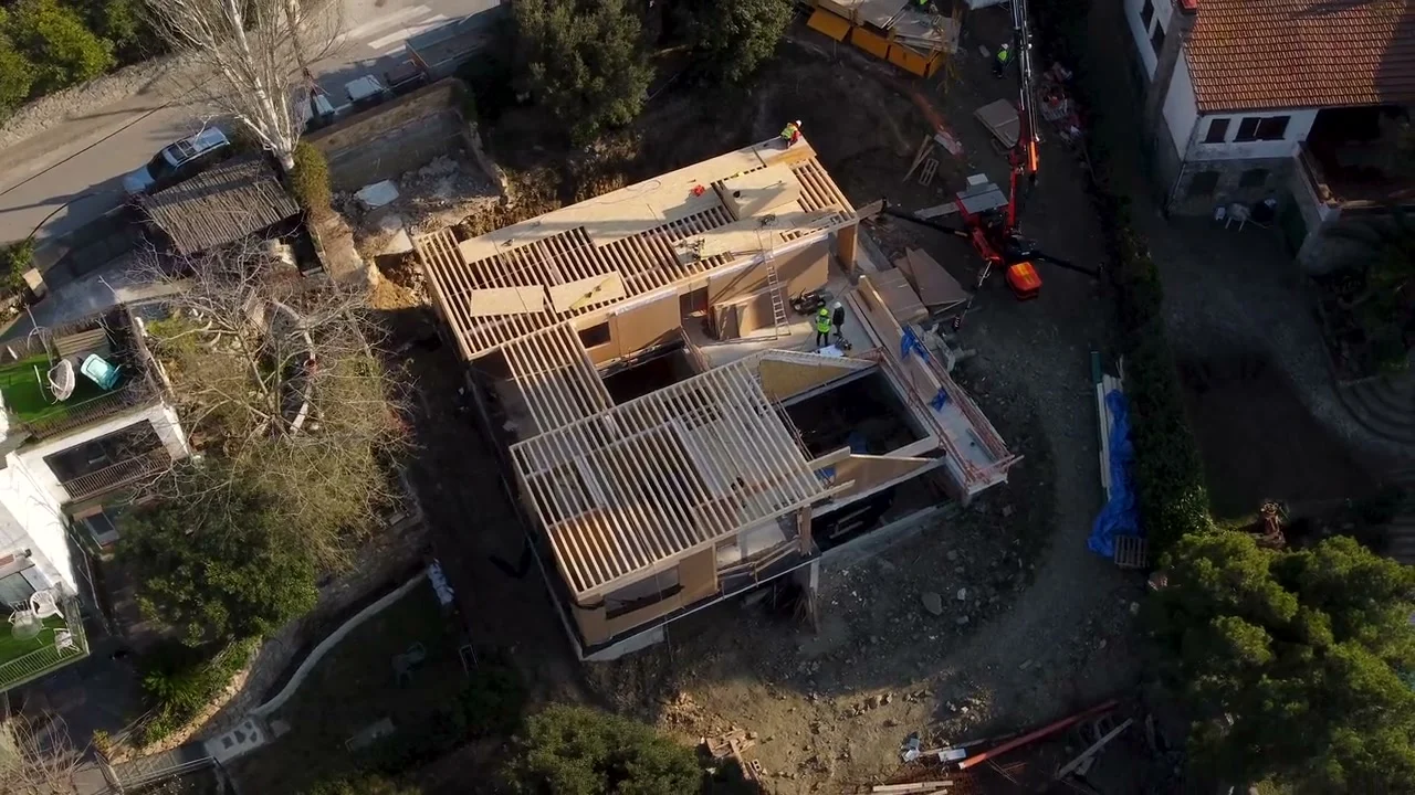 Aerial drone view of a house under construction