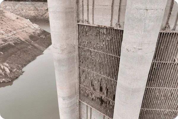 Close-up of a concrete pillar inspected by drone