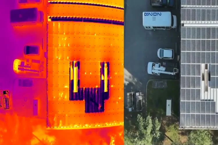 Aerial thermal image of a roof with solar panels