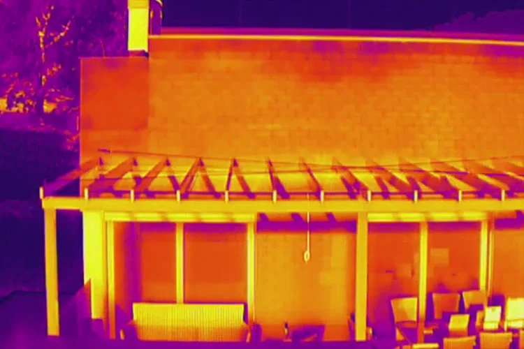 Drone thermal image of the facade of an industrial building