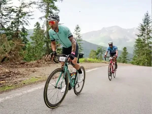 Photograph of a road cycling race on a mountain road