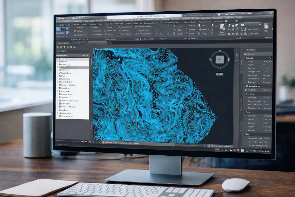 Drone surveying software showing contour lines, a digital terrain model and technical measurements on photogrammetric mapping