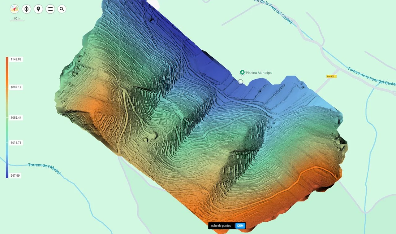 Digital elevation model (DEM) generated with drone LiDAR, showing the bare-earth relief without vegetation for surveying and mapping work.