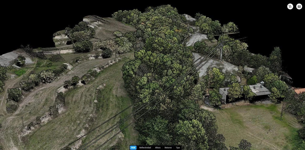 LiDAR point cloud captured by drone over a wooded area with power lines, for infrastructure inspection and terrain analysis.
