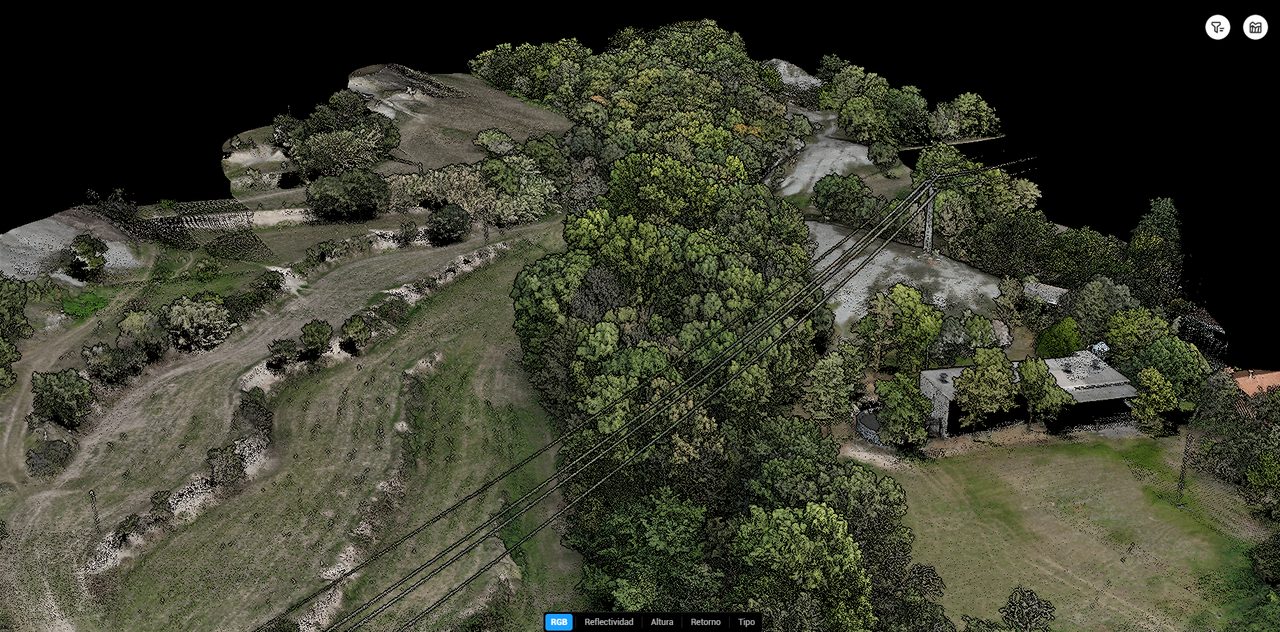 Nube de puntos LiDAR capturada con un dron en una zona forestal con líneas eléctricas para la inspección de infraestructuras y el análisis del terreno.