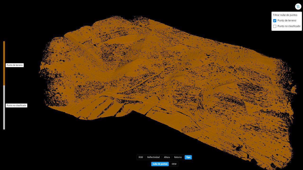 Nube de puntos LiDAR clasificada con los puntos de terreno identificados para generar un Modelo Digital del Terreno de alta precisión.